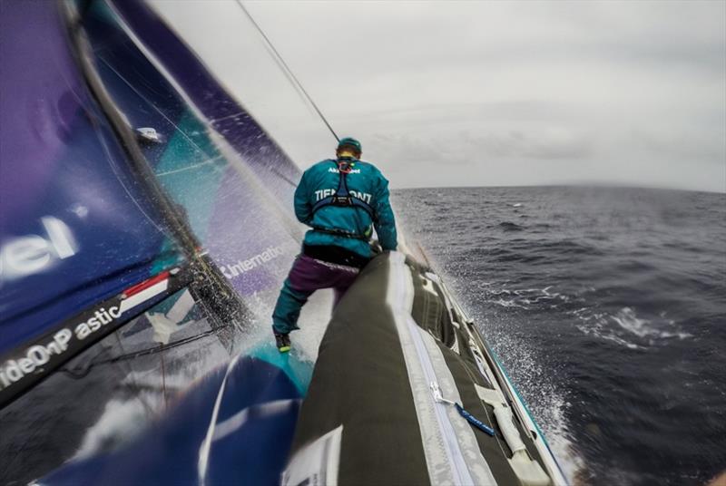 Simeon Tienpont getting the J2 ready for deployment - Volvo Ocean Race Leg 8 from Itajai to Newport, Day 11, on board AkzoNobel photo copyright Brian Carlin / Volvo Ocean Race taken at  and featuring the Volvo One-Design class