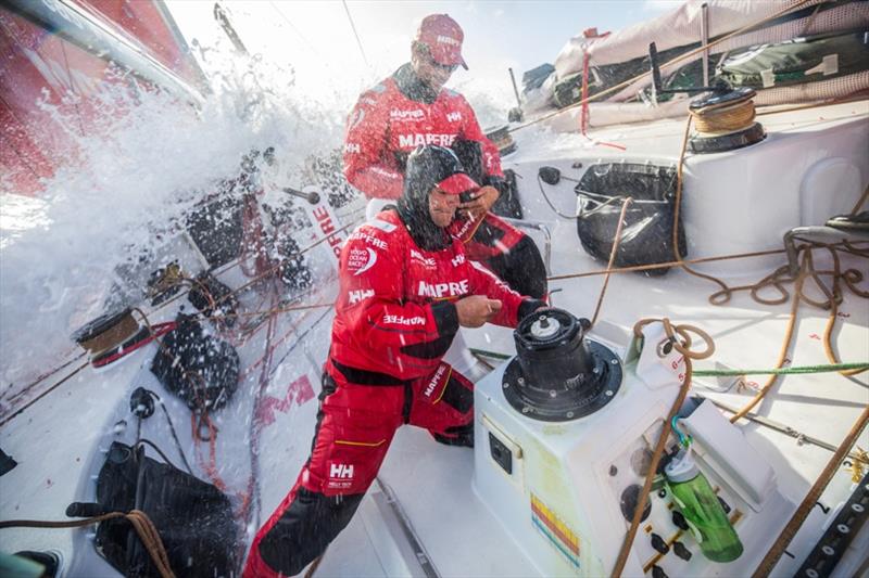 Volvo Ocean Race Leg 8 from Itajai to Newport, day 11, on board MAPFRE, Pablo Arrarte fixing the main's winch, Guillermo Altadill helping him photo copyright Ugo Fonolla / Volvo Ocean Race taken at  and featuring the Volvo One-Design class