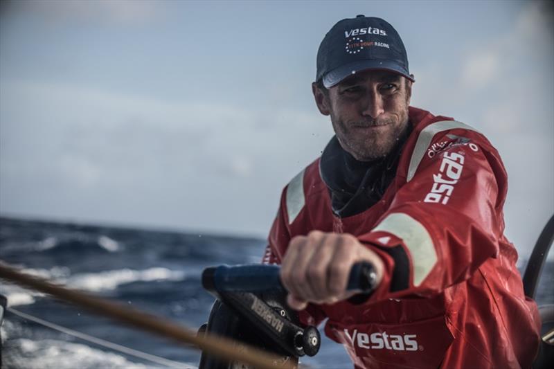 Volvo Ocean Race Leg 8 from Itajai to Newport, day 11, on board Vestas 11th Hour. Nick Dana grinding photo copyright Martin Keruzore / Volvo Ocean Race taken at  and featuring the Volvo One-Design class