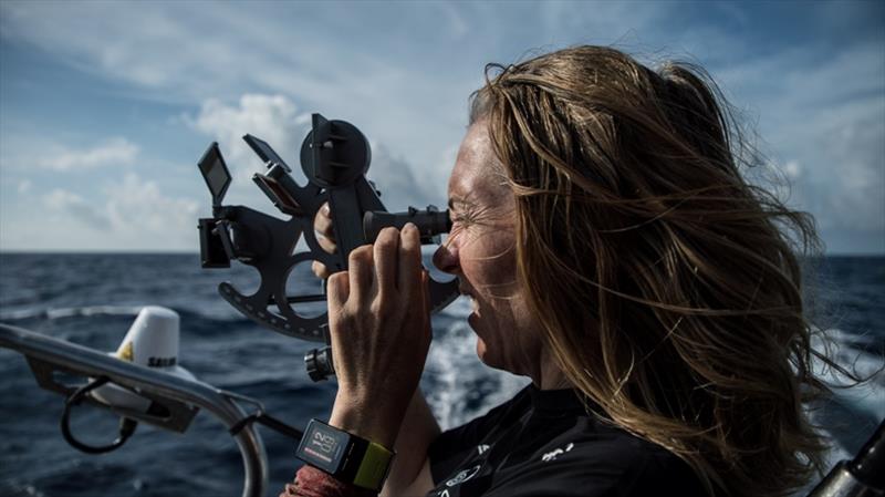 Volvo Ocean Race Leg 8 from Itajai to Newport, day 15, on board Sun Hung Kai / Scallywag. Libby tries the sextant. - photo © Rich Edwards / Volvo Ocean Race