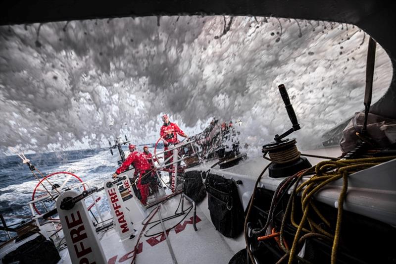 Volvo Ocean Race Leg 8 from Itajai to Newport, day 15, on board MAPFRE, back to 20  kts of boat speed. Rob, Willy, Xabi an Tamara on deck. - photo © Ugo Fonolla / Volvo Ocean Race