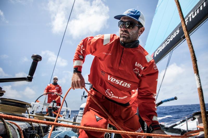 Volvo Ocean Race Leg 8 from Itajai to Newport, day 15, on board Vestas 11th Hour. Charlie Enright at the pit before the gybe photo copyright Martin Keruzore / Volvo Ocean Race taken at  and featuring the Volvo One-Design class