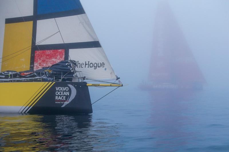 Mapfre and Team Brunel searching their way through the fog - Volvo Ocean Race Leg 8 from Itajai to Newport. Arrivals photo copyright Jesus Renedo / Volvo Ocean Race taken at  and featuring the Volvo One-Design class