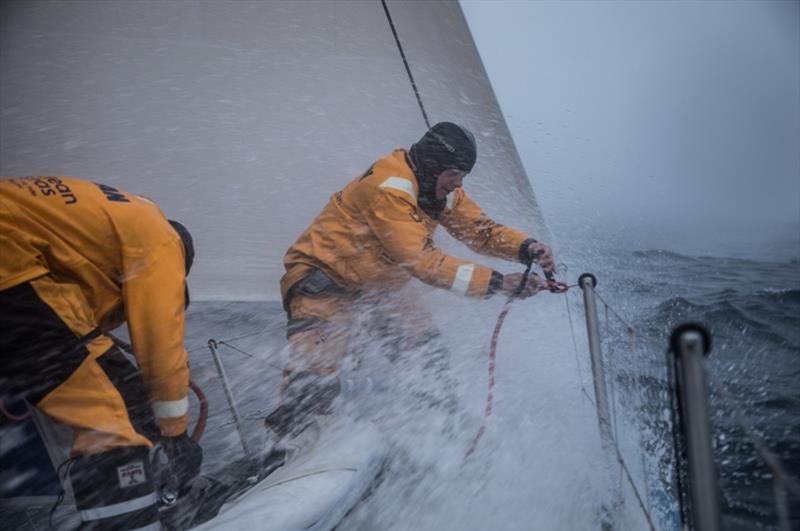 Volvo Ocean Race Leg 9, from Newport to Cardiff, day 01, on board Turn the Tide on Plastic. Liz Wardley and Lucas Chapman at the bow after peeling J0 for MH0 photo copyright Martin Keruzore / Volvo Ocean Race taken at  and featuring the Volvo One-Design class