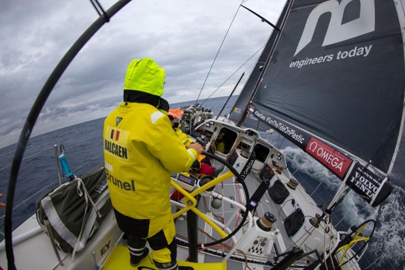Volvo Ocean Race Leg 9, from Newport to Cardiff, day 3, on board Brunel. Louis Balcaen at the helm photo copyright Sam Greenfield / Volvo Ocean Race taken at  and featuring the Volvo One-Design class