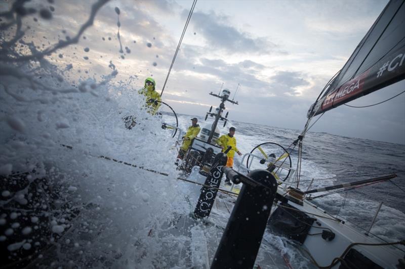 Volvo Ocean Race Leg 9, from Newport to Cardiff, day 2, on board Brunel. Louis Balcaen, Alberto Bolzan and Carlo Huisman on deck photo copyright Sam Greenfield / Volvo Ocean Race taken at  and featuring the Volvo One-Design class