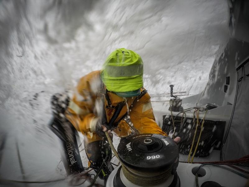 Volvo Ocean Race Leg 9, from Newport to Cardiff, day 5, on board Team AkzoNobel. Water pours over the deck as Chris Nicholson eases the sails photo copyright Konrad Frost / Volvo Ocean Race taken at  and featuring the Volvo One-Design class