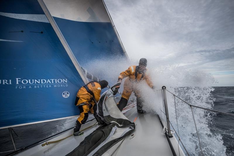 Volvo Ocean Race Leg 9, from Newport to Cardiff, day 4, on board Turn the Tide on Plastic. Liz Wardley and Lucass Chapman under water at the bow during a peeling j1 to j2. - photo © Martin Keruzore / Volvo Ocean Race