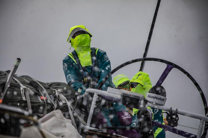 Leg 9, from Newport to Cardiff, day 6 on board Team AkzoNobel. Luke Molloy on the wheel and pushing the boat. 25 May,  photo copyright Konrad Frost / Volvo Ocean Race taken at  and featuring the Volvo One-Design class