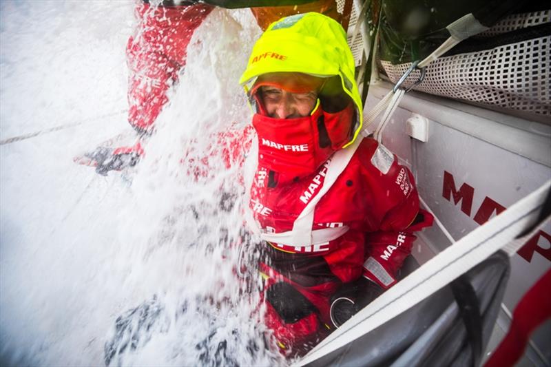 Volvo Ocean Race Leg 9, from Newport to Cardiff, day 06, on board MAPFRE, speed record day. Tamara Echegoyen in standby behind the wheel. - photo © Ugo Fonolla / Volvo Ocean Race