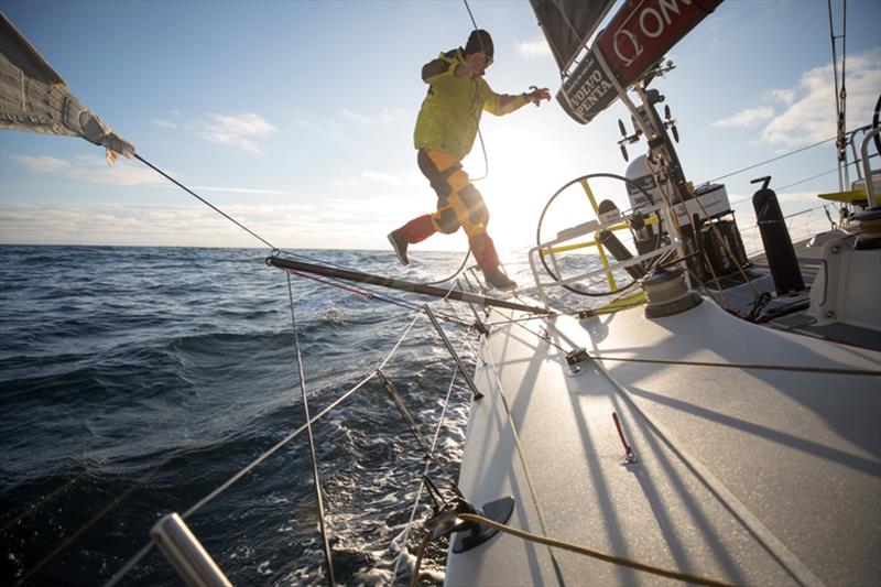 Volvo Ocean Race Leg 9, from Newport to Cardiff, day 7, on board Brunel. Kyle Lanford leaps back into the boat. - photo © Sam Greenfield / Volvo Ocean Race