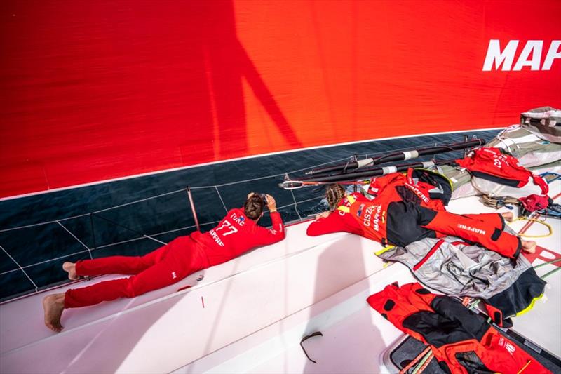 Volvo Ocean Race Leg 9, from Newport to Cardiff, day 07, on board MAPFRE, Blair Tuke and Sophie Ciszek looking for Vestas at the horizon. - photo © Ugo Fonolla / Volvo Ocean Race