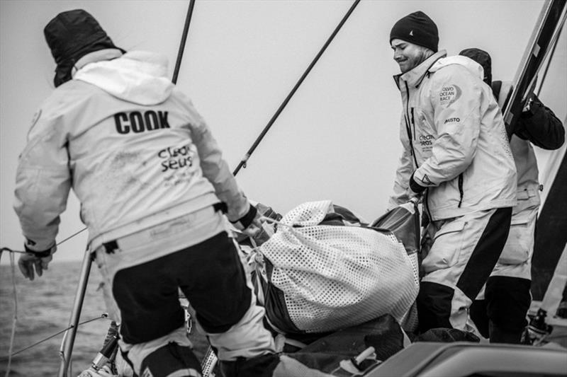 Volvo Ocean Race Leg 9, from Newport to Cardiff, day 08, on board Turn the Tide on Plastic. Stacking sails for Bianca Cook and Lucas Chapman photo copyright Martin Keruzore / Volvo Ocean Race taken at  and featuring the Volvo One-Design class