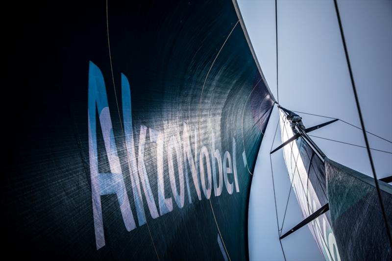 Volvo Ocean Race Leg 9, from Newport to Cardiff, day 09, on board Team AkzoNobel. Nicolai Sehested climbs the rig to make checks and look for wind photo copyright Konrad Frost / Volvo Ocean Race taken at  and featuring the Volvo One-Design class