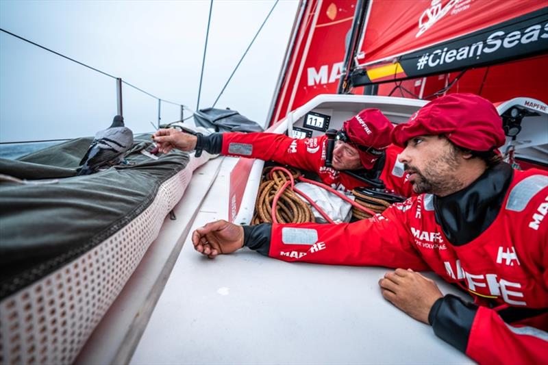 Volvo Ocean Race Leg 9, from Newport to Cardiff, day 08 on board MAPFRE, Antonio Cuervas-Mons and Guillermo Altadill making friends photo copyright Ugo Fonolla / Volvo Ocean Race taken at  and featuring the Volvo One-Design class