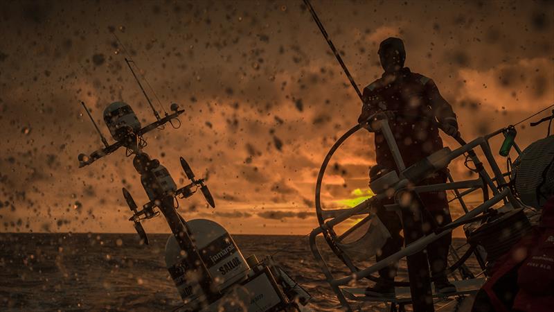 Volvo Ocean Race Leg 9 Newport to Cardiff race start on board Sun Hung Kai/Scallywag. Peter Cumming on the helm during glorious sunset. Day 3. 22 May, 2018 photo copyright Volvo Ocean Race taken at  and featuring the Volvo One-Design class