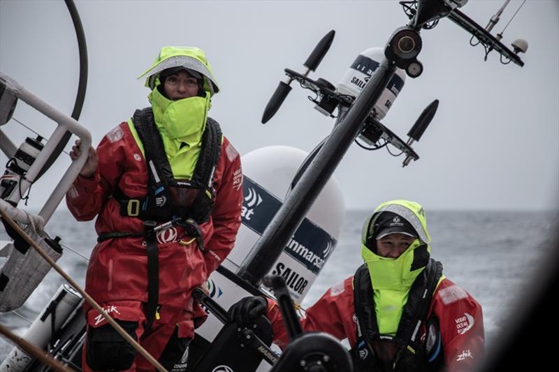 Volvo Ocean Race Leg 10, from Cardiff to Gothenburg, day 04, on board Dongfeng. Justine Mettraux and Carolijn Brouwer photo copyright Martin Keruzore / Volvo Ocean Race taken at  and featuring the Volvo One-Design class