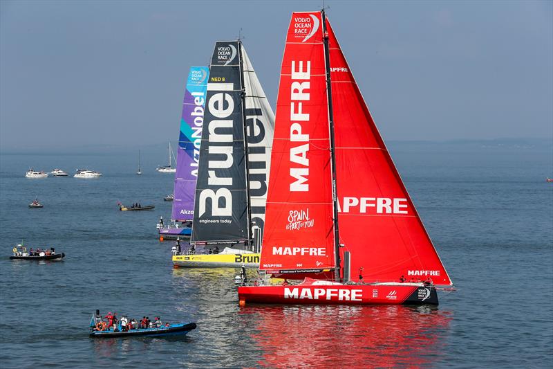 MAPFRE and Team Brunel at the start of Leg 10, from Cardiff to Gothenburg. 10 June, 2018 photo copyright Ainhoa Sanchez / Volvo Ocean Race taken at  and featuring the Volvo One-Design class