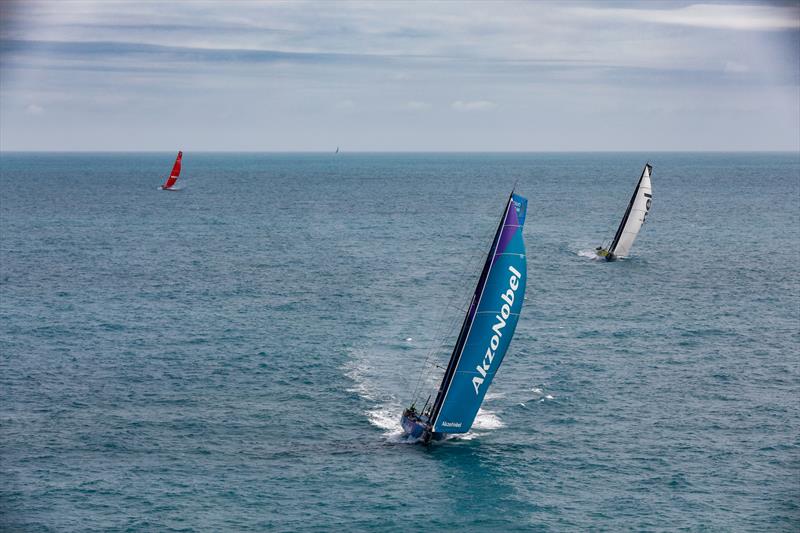 AlzoNobel leads Brunel and MAPFRE - Leg 11, from Gothenburg to The Hague, day 04. Heli LIVE as the fleet blast south, eyes set on The Hague. 24 June,  photo copyright Ainhoa Sanchez / Volvo Ocean Race taken at  and featuring the Volvo One-Design class