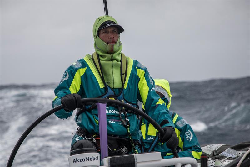 Leg 7 from Auckland to Itajai, day 7 on board AkzoNobel. 23 March, 2018. Justin Ferris takes a big wave face on- the pressure causes a nose blood photo copyright James Blake / Volvo Ocean Race taken at  and featuring the Volvo One-Design class