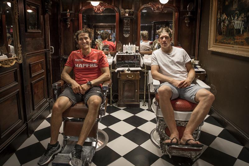 Cape Town Stopover. Peter Burling and Blair Tuke get their hair done at the barber - after recovering from their `Equator cuts` delivered by King Neptune and assistants photo copyright Ainhoa Sanchez / Volvo Ocean Race taken at  and featuring the Volvo One-Design class