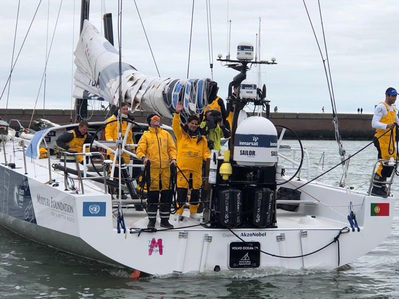 Paulo Mirpuri waves from the stern of Turn the Tide on Plastic at the finish of Leg 11 or the 2017/18 Volvo Ocean Race photo copyright Mirpuri Foundation taken at  and featuring the Volvo One-Design class