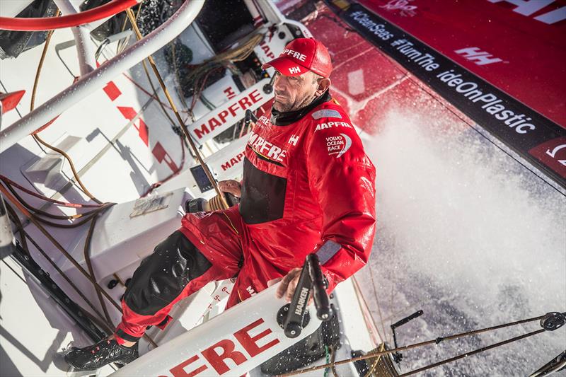 Leg 6 to Auckland, day 08 on board MAPFRE, Xabi Fernandez going from leeward to windward, a challenge with 30 degrees of boat heel photo copyright Ugo Fonolla / Volvo Ocean Race taken at  and featuring the Volvo One-Design class