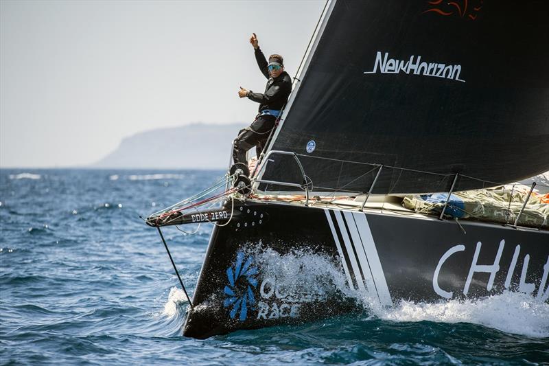 Van Veen on the bow of Childhood I - The Ocean Race Europe Leg 3 from Alicante, Spain, to Genoa, Italy photo copyright Aiste Ridikaite / Ambersail-2 / The Ocean Race taken at  and featuring the Volvo One-Design class