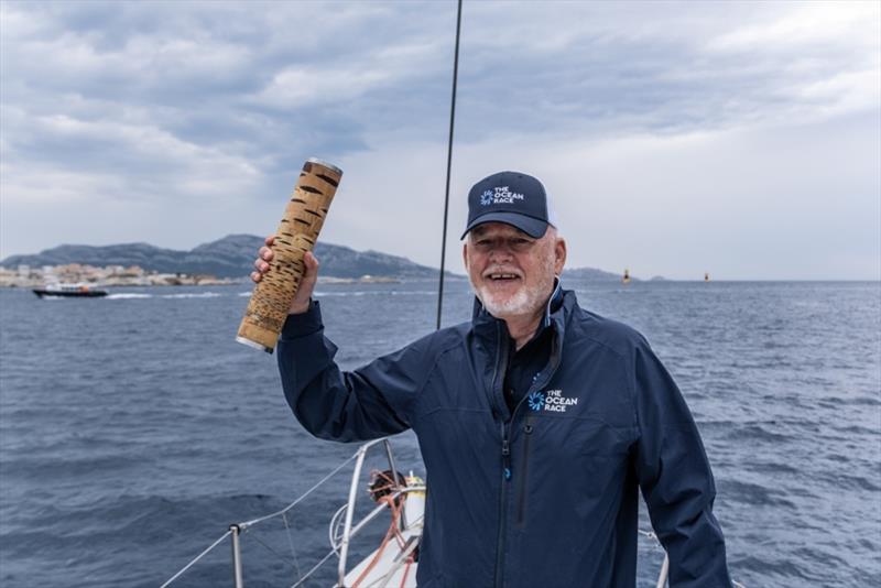 UN Secretary-General's Special Envoy for the Ocean Peter Thomson with the baton onboard Ambersail-2 - photo © Cherie Bridges / The Ocean Race