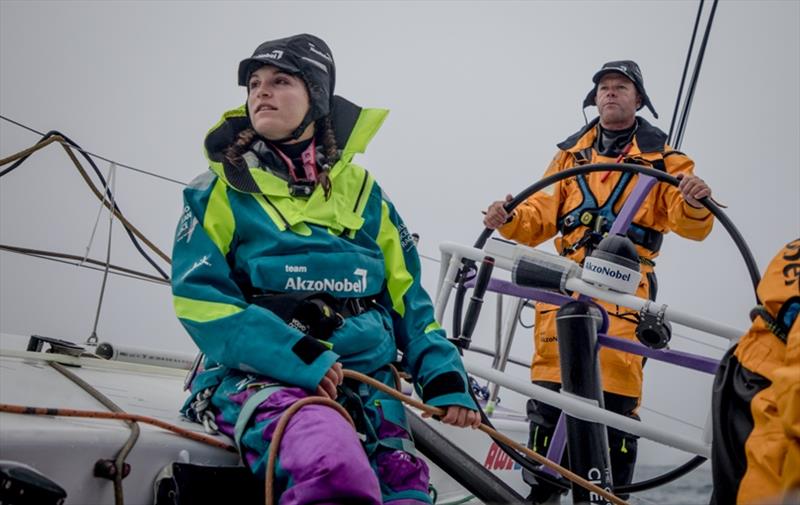 Leg 9, from Newport to Cardiff, day 2 on board Team AkzoNobel. Martine Grael and Chris Nicholson on deck in the white out. Visibility is with boats close by but out sight the crew try to keep the focus and make gains. 21 May, 2018. photo copyright Konrad Frost / Volvo AB taken at  and featuring the Volvo One-Design class