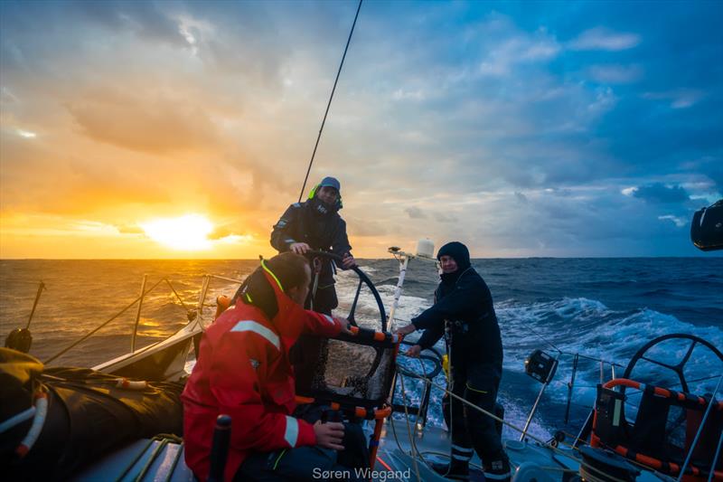  Riding on a better pressure from the northwest, Volvo 70 L4 Trifork (DEN) helmed by Joern Larsen is reeling in the 100ft Maxi Comanche on day five of the RORC Transatlantic Race photo copyright Soren Wiegand / Aksel Magdhal / L4 Trifork  taken at Royal Ocean Racing Club and featuring the Volvo 70 class