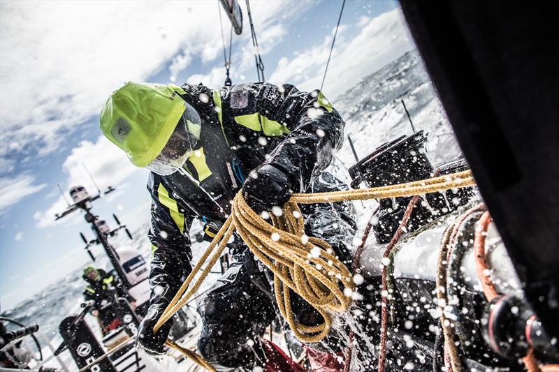 Leg 3, Cape Town to Melbourne, day 14, on board Dongfeng. Black managing the pit under the waterfall photo copyright Martin Keruzore / Volvo AB taken at  and featuring the Volvo One-Design class