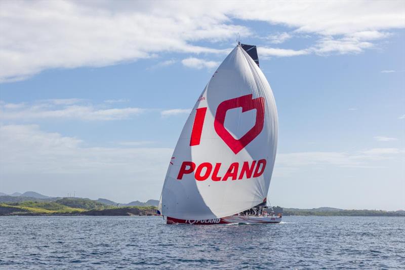 The Polish National Foundation's Volvo 70 I Love Poland completing the RORC Transatlantic Race in Grenada in an elapsed time of 8 days 23hrs 37mins 07 secs  photo copyright Arthur Daniel / RORC taken at Royal Ocean Racing Club and featuring the Volvo 70 class