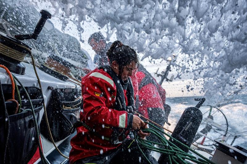 The Ocean Race VO65 Sprint Cup 2022-23 - 9 June 2023, Stage 2, Day 1 onboard Viva México. Working on the sails on deck photo copyright Jen Edney / Viva México / The Ocean Race taken at  and featuring the Volvo One-Design class