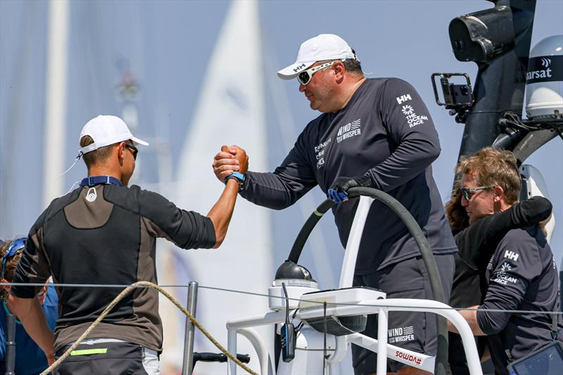 The Ocean Race VO65 Sprint Cup 2022-23 - 11 June 2023. VO65 arrivals. WindWhisper Racing Team arrives first in The Hague. Arrival : 11/06/2023 11:23:33 UTC Race time : 2d 21h 13min 33s photo copyright Sailing Energy / The Ocean Race taken at  and featuring the Volvo One-Design class