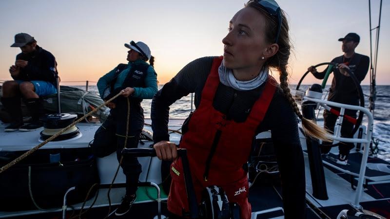 The Ocean Race VO65 Sprint Cup 2022-23 - 21 June 2023, Stage 3, Day 6 onboard Viva México. Berenice Charrez in the foreground trimming, in the background left to right: Jeronimo Cervantes, Dominique Knuppel and Brad Marsh at the helm photo copyright Jen Edney / Viva México / The Ocean Race taken at  and featuring the Volvo One-Design class