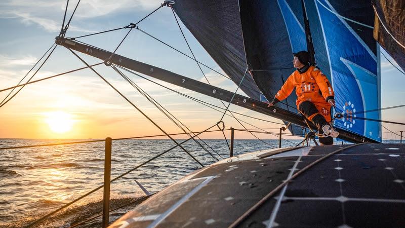 The Ocean Race 2022-23 - 9 June 2023, Leg 6 Day 1 onboard 11th Hour Racing Team. Francesca Clapcich checks her lead positions after going to three front sails in a building breeze photo copyright Pierre Bouras / 11th Hour Racing Team / The Ocean Race taken at  and featuring the Volvo One-Design class