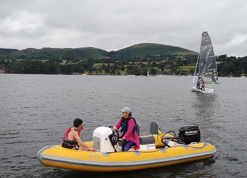 The first runner is ferried to his team boat in the Ullswater Yacht Club Three Peaks Challenge - photo © Sue Giles