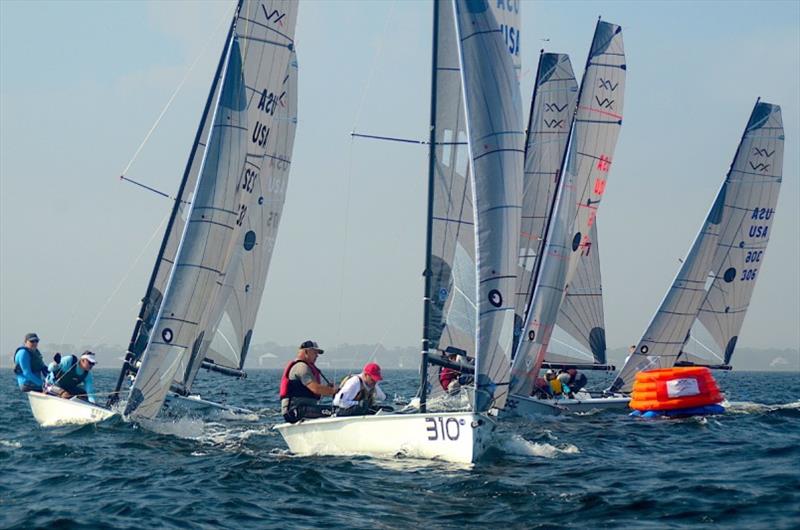 Paul Murphy's Old Man's 5-0-5 #310 leads a bevy of VX One's around the weather mark in the VX One Winter Series  #1 in Pensacola photo copyright Talbot Wilson taken at Pensacola Yacht Club and featuring the VX One class