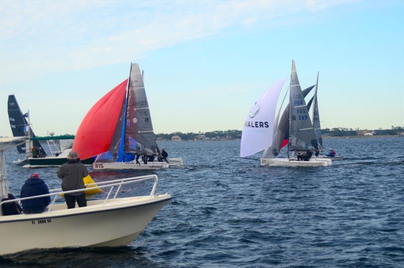 ‘Bro Safari' was able to gybe ahead and nipped ‘Double the Fun' by about one boat length, putting #313, ‘Another Bad Idea', between them in the process. This 8th-race finish finish put 'Bro Safari' in first and 'Double the Fun' in 2nd for Winter Series #1 photo copyright Talbot Wilson taken at Pensacola Yacht Club and featuring the VX One class