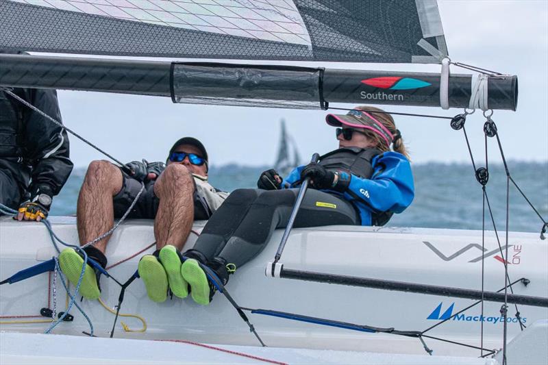 Kaitlyn Liebel at the helm of a VX One in Sarasota Winter Series.  Her crew consists of her father, Mark Liebel, in the mid position and Jordan Wiggins from Charleston, SC forward.  The team came in 5th place overall at the 2021 Sarasota Winter Series. - photo © Sara Wilkerson