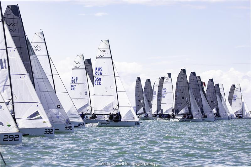 30 VX Ones make for an awesome sight on the start line during the VX One Australian Nationals at the Royal Queensland Yacht Squadron photo copyright Sunset Media / @sailorgirlhq taken at Royal Queensland Yacht Squadron and featuring the VX One class