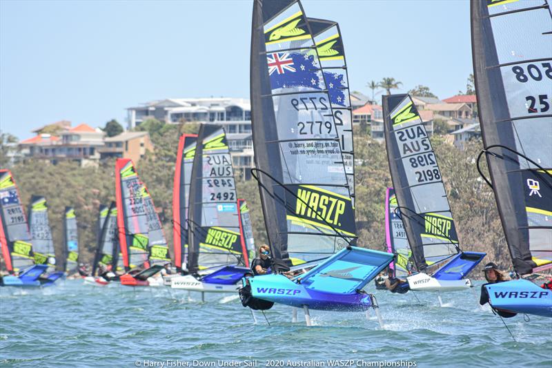 WASZPs blasting off the start line at the 2020 Australian Nationals photo copyright Harry Fisher taken at Port Stephens Sailing and Aquatic Club and featuring the WASZP class