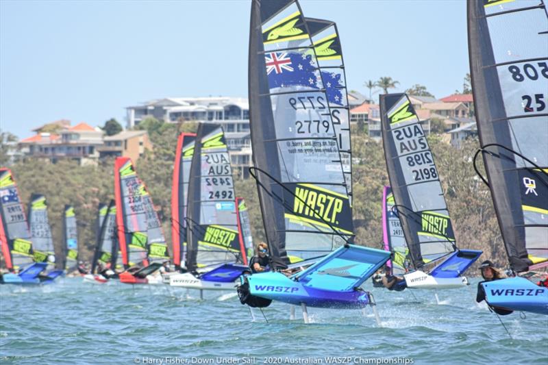 Seb Menzies (NZL) leads the way off the start line at the 2020 Australian WASZP Championships photo copyright Harry Fisher taken at Port Stephens Sailing and Aquatic Club and featuring the WASZP class