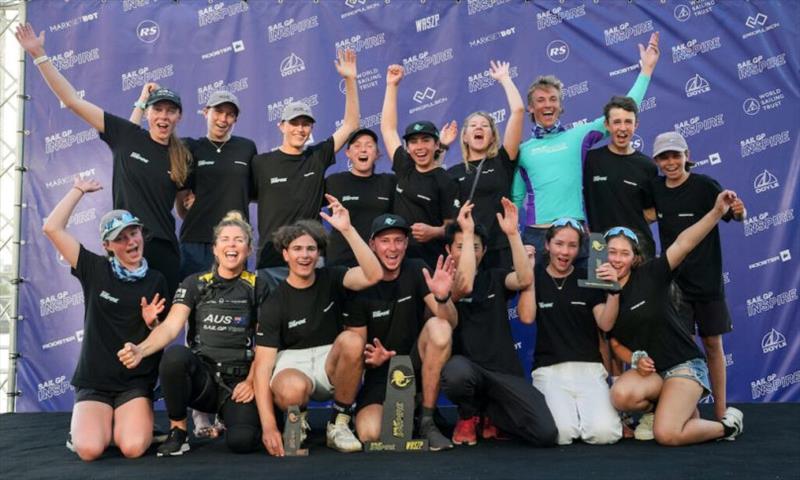 Young sailors in the SailGP Inspire programmes celebrate on the podium with Nina Curtis of Australia SailGP Team, on Race Day 2. Australia Sail Grand Prix presented by KPMG. 18 December 2021 photo copyright Bob Martin for SailGP taken at  and featuring the WASZP class