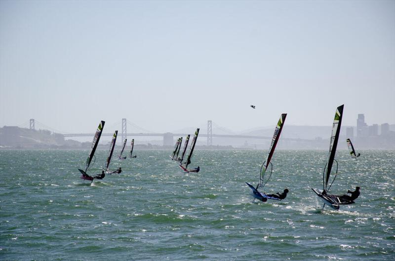 Around the bottom mark, with the iconic Golden Gate bridge in the background during the WASZP Americas Championship 2022 - photo © Ira Potekhina