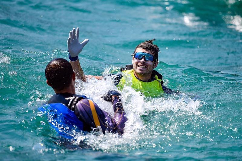 A stoked Sam Street congratulates silver medalist Sam Whaley after the final race - WASZP World Championships - July 2022 - photo © James Tomlinson