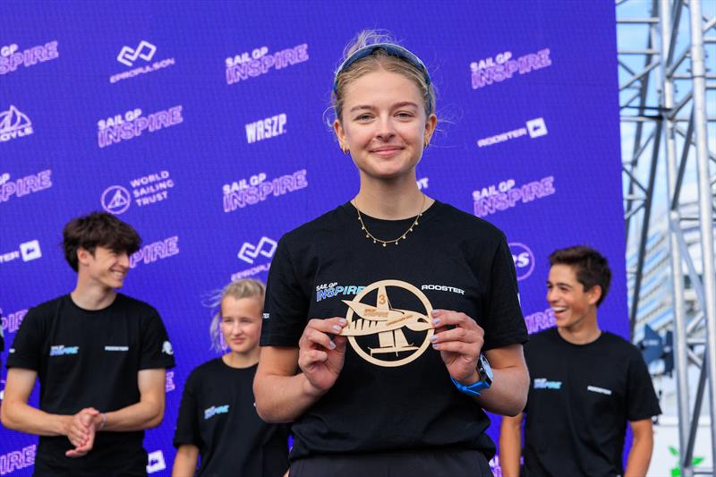 Young sailors take part in the Inspire Racing x WASZP program celebrate on stage on Race Day 2 of the ROCKWOOL Denmark Sail Grand Prix in Copenhagen, Denmark - photo © Felix Diemer for SailGP