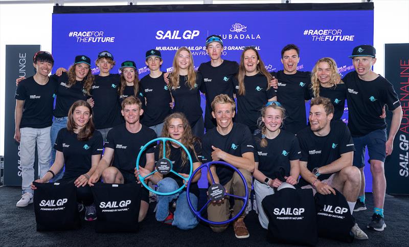 Stella Bilger of New Zealand and Gavin Ball of USA pose with the rest of the Inspire Racing x WASZP candidates after being presented with their trophies after the Grand Final on Race Day 2 of the Mubadala SailGP Season 3 Grand Final in San Francisco, USA photo copyright Felix Diemer for SailGP taken at  and featuring the WASZP class