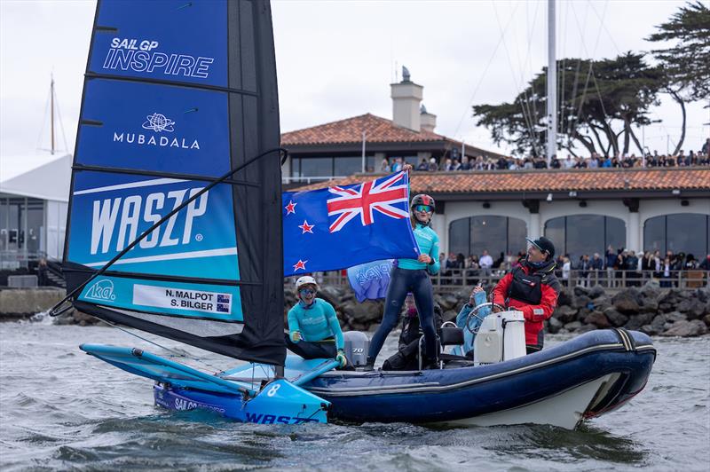 Stella Bilger of New Zealand celebrates winning the Inspire Racing x WASZP Grand Final on Race Day 1 of the Mubadala SailGP Season 3 Grand Final in San Francisco, USA photo copyright Felix Diemer for SailGP taken at  and featuring the WASZP class